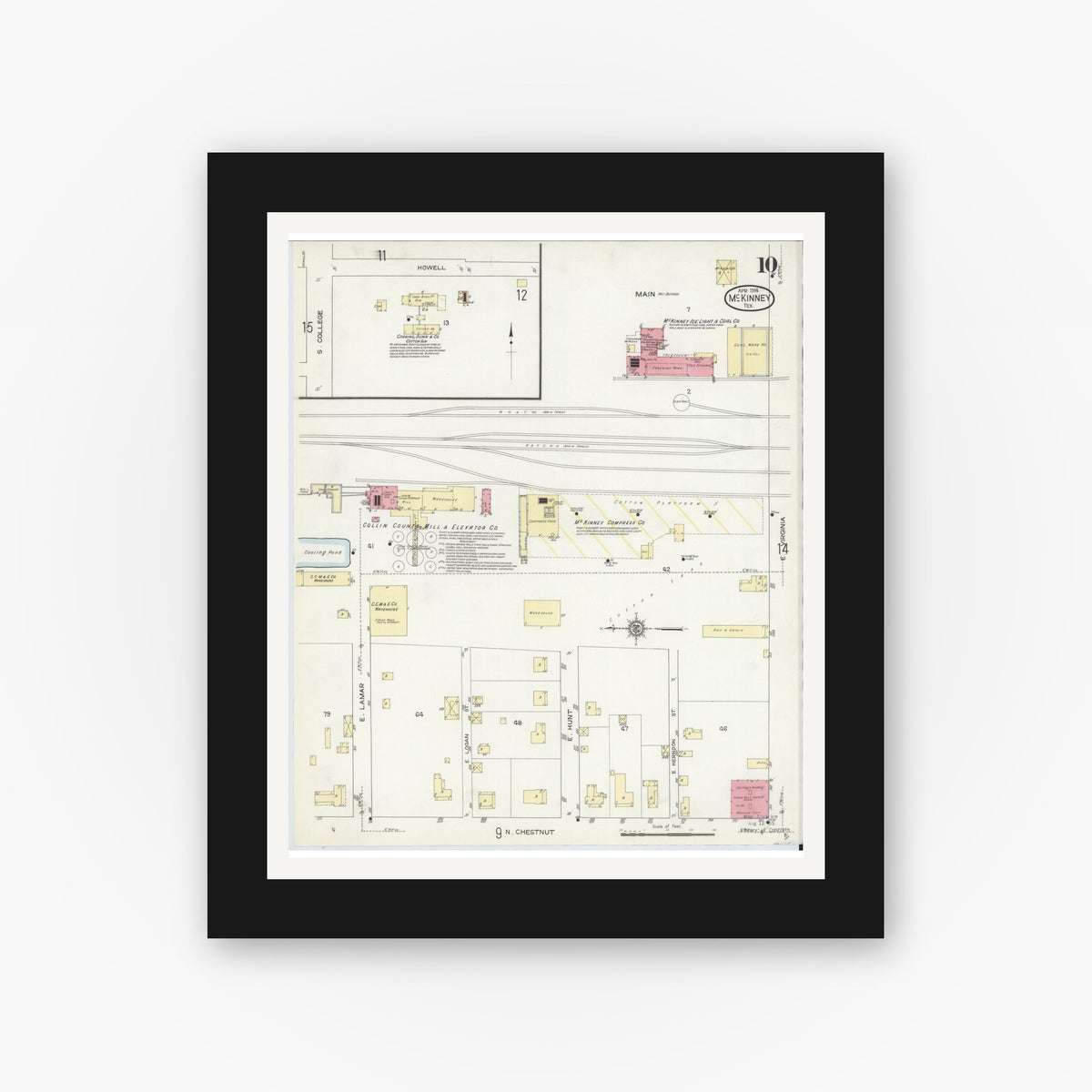 Old map wall art mockup — black gallery frame with white mat — Sanborn Fire Insurance Map from McKinney, Collin County, Texas (1914), Sheet #0010