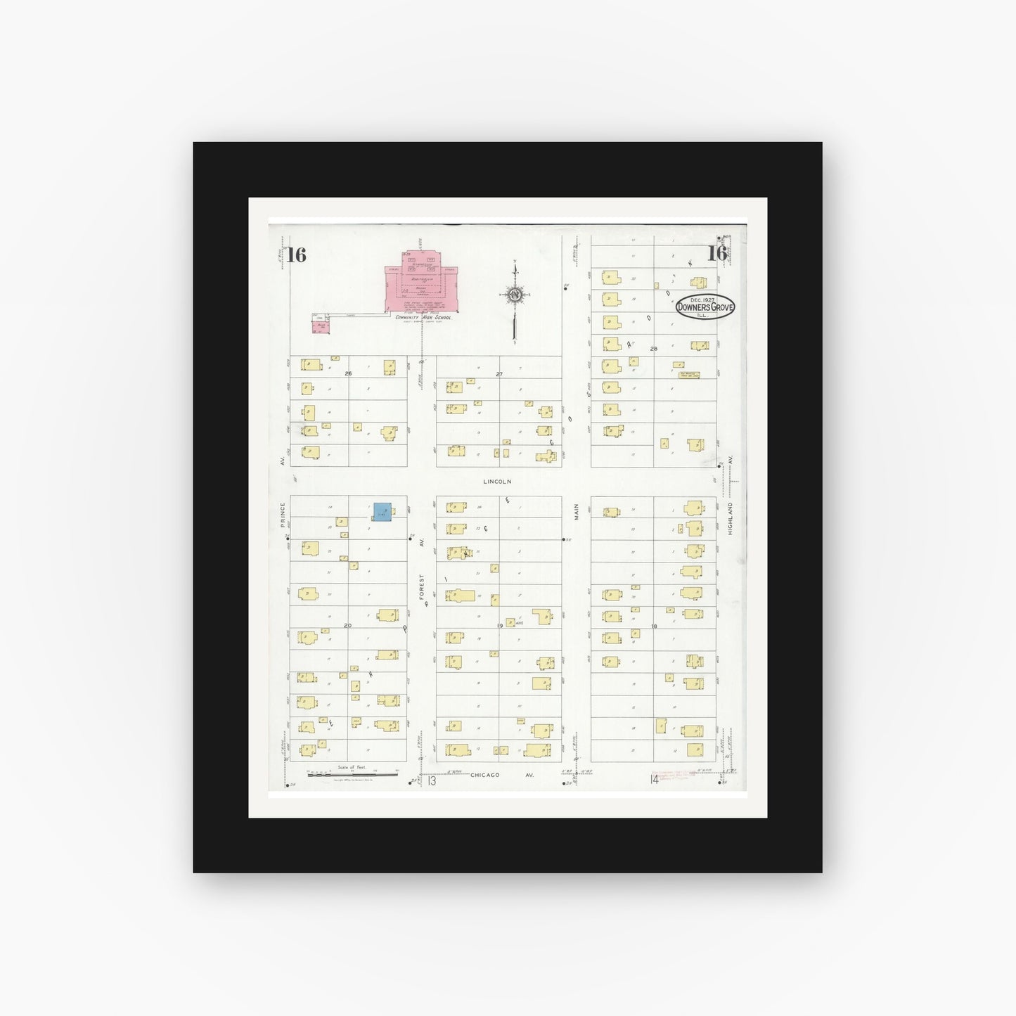 Old map wall art mockup — black gallery frame with white mat — Sanborn Fire Insurance Map from Downers Grove, Dupage County, Illinois (1927), Sheet #0016