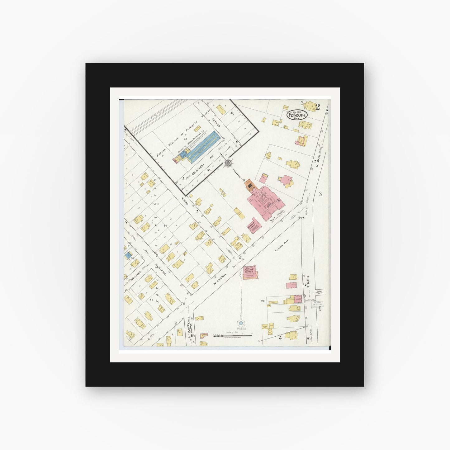 Old map wall art mockup — black gallery frame with white mat — Sanborn Fire Insurance Map from Plymouth, Wayne County, Michigan (1918), Sheet #0002