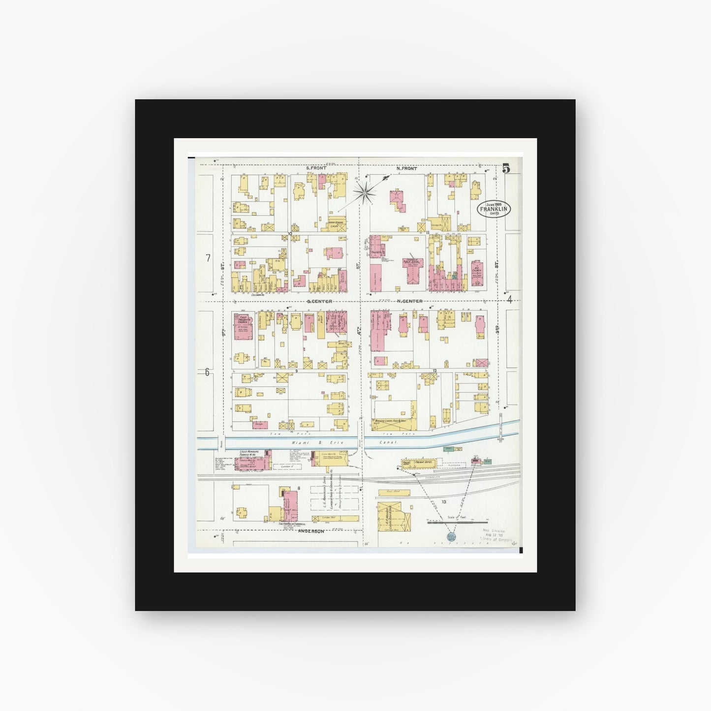 Old map wall art mockup — black gallery frame with white mat — Sanborn Fire Insurance Map from Franklin, Warren County, Ohio (1905), Sheet #0005