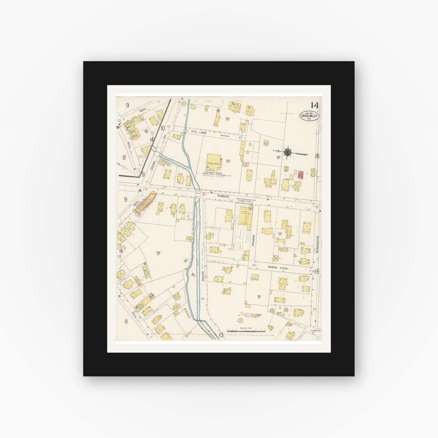 Old map wall art mockup — black gallery frame with white mat — Sanborn Fire Insurance Map from Grass Valley, Nevada County, California (1912), Sheet #0014