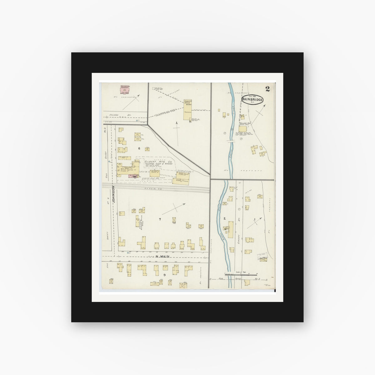 Old map wall art mockup — black gallery frame with white mat — Sanborn Fire Insurance Map from Bainbridge, Chenango County, New York (1891), Sheet #0002
