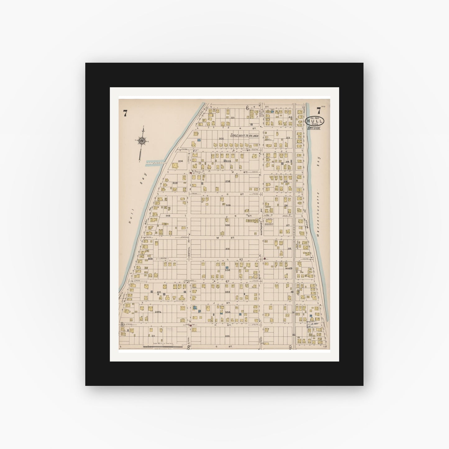 Old map wall art mockup — black gallery frame with white mat — Sanborn Fire Insurance Map from Hull, Plymouth County, Massachusetts (1922), Sheet #0007