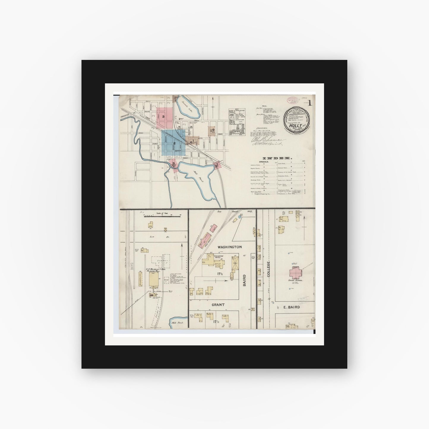 Old map wall art mockup β black gallery frame with white mat β Sanborn Fire Insurance Map from Holly, Oakland County, Michigan (1888) - Complete Map Set