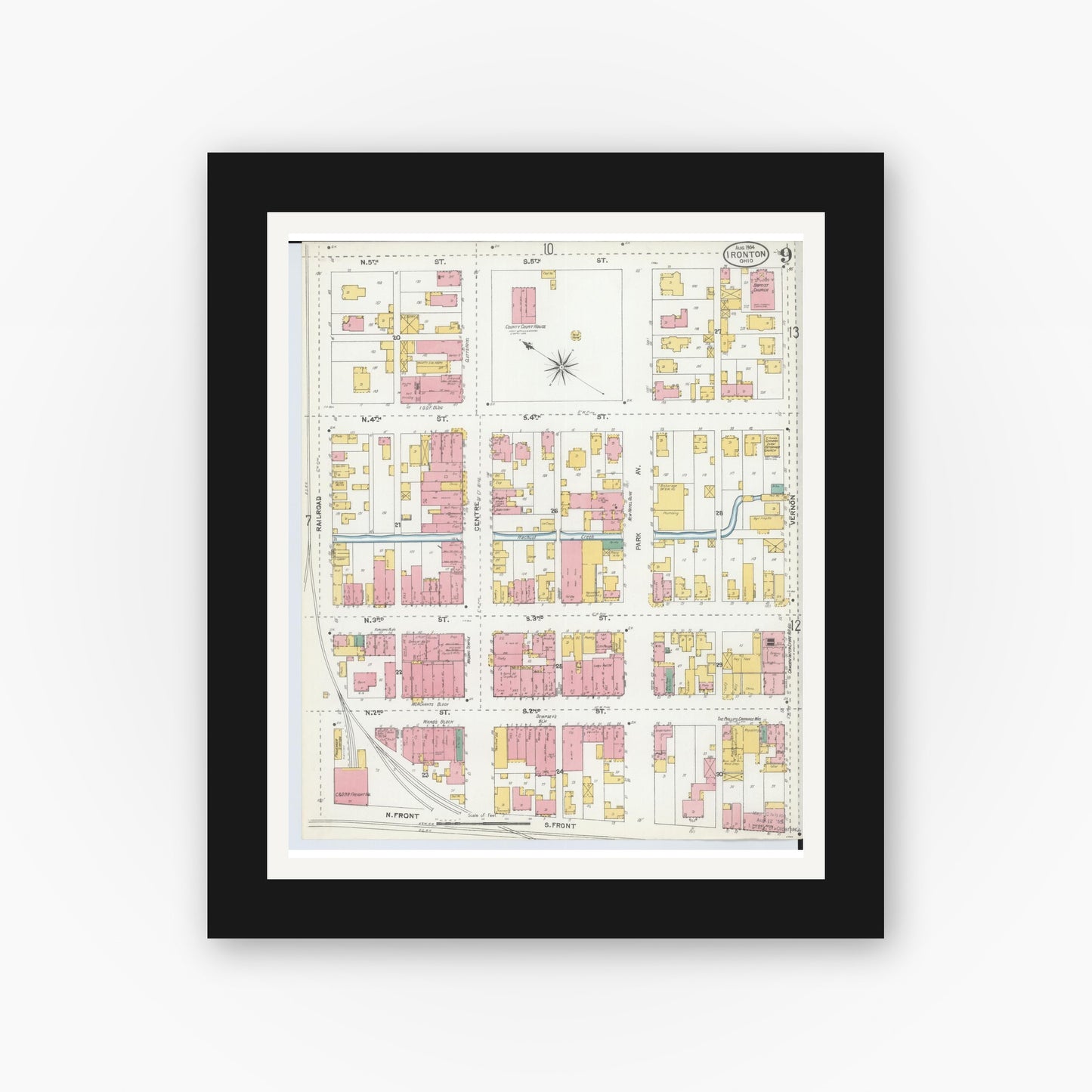 Old map wall art mockup — black gallery frame with white mat — Sanborn Fire Insurance Map from Ironton, Lawrence County, Ohio (1904), Sheet #0009