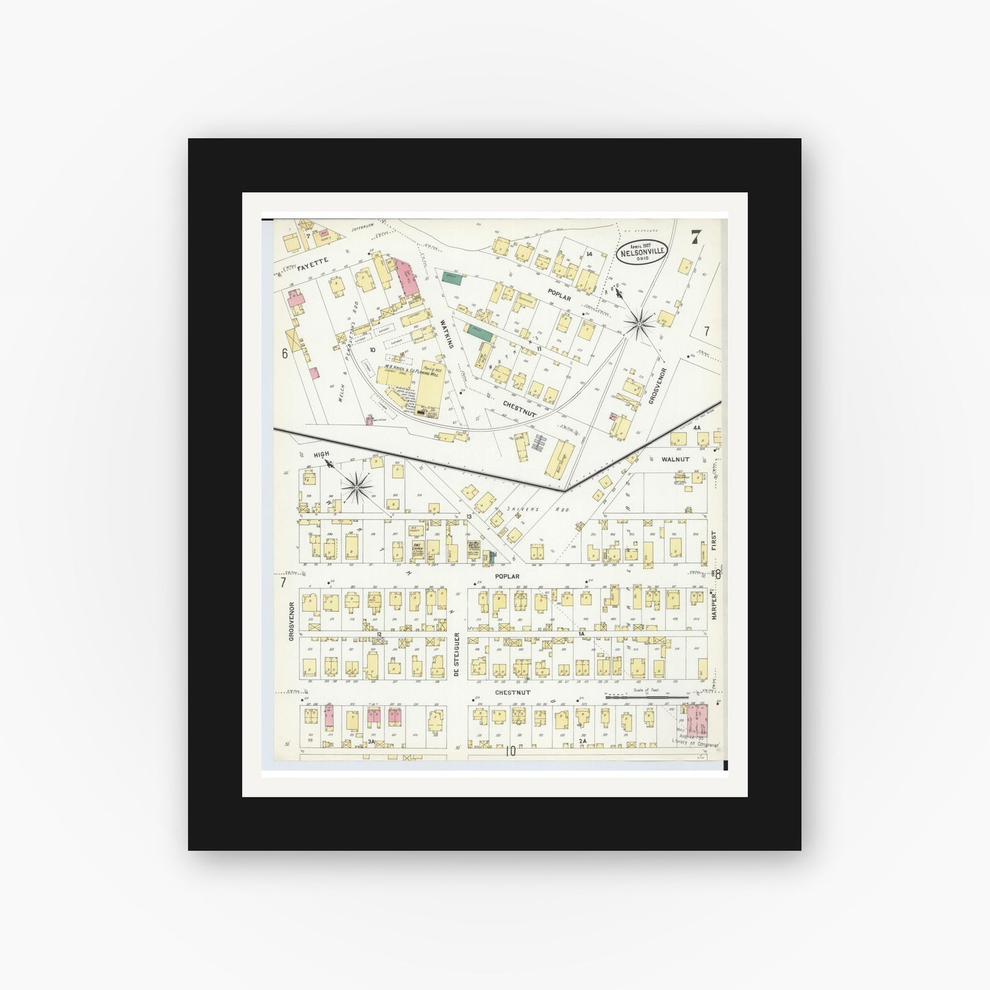 Old map wall art mockup — black gallery frame with white mat — Sanborn Fire Insurance Map from Nelsonville, Athens County, Ohio (1907), Sheet #0007