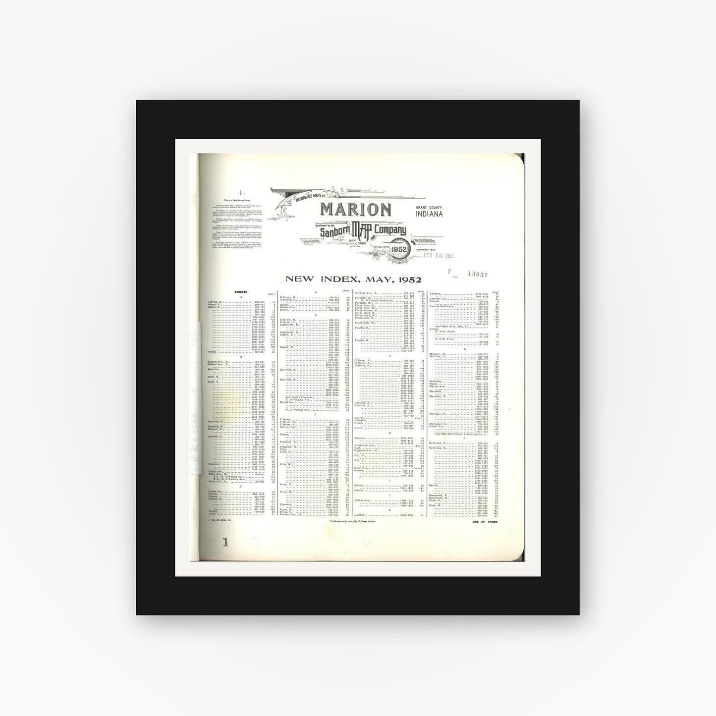 Old map wall art mockup — black gallery frame with white mat — Sanborn Fire Insurance Map from Marion, Grant County, Indiana (1952), Sheet #0001