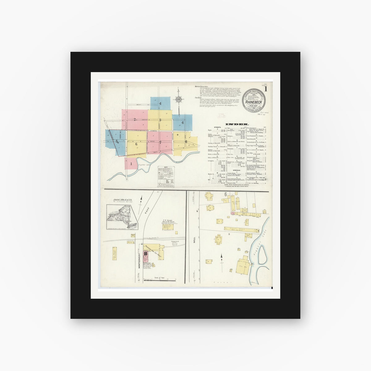 Old map wall art mockup — black gallery frame with white mat — Sanborn Fire Insurance Map from Rhinebeck, Dutchess County, New York (1912) - Complete Map Set