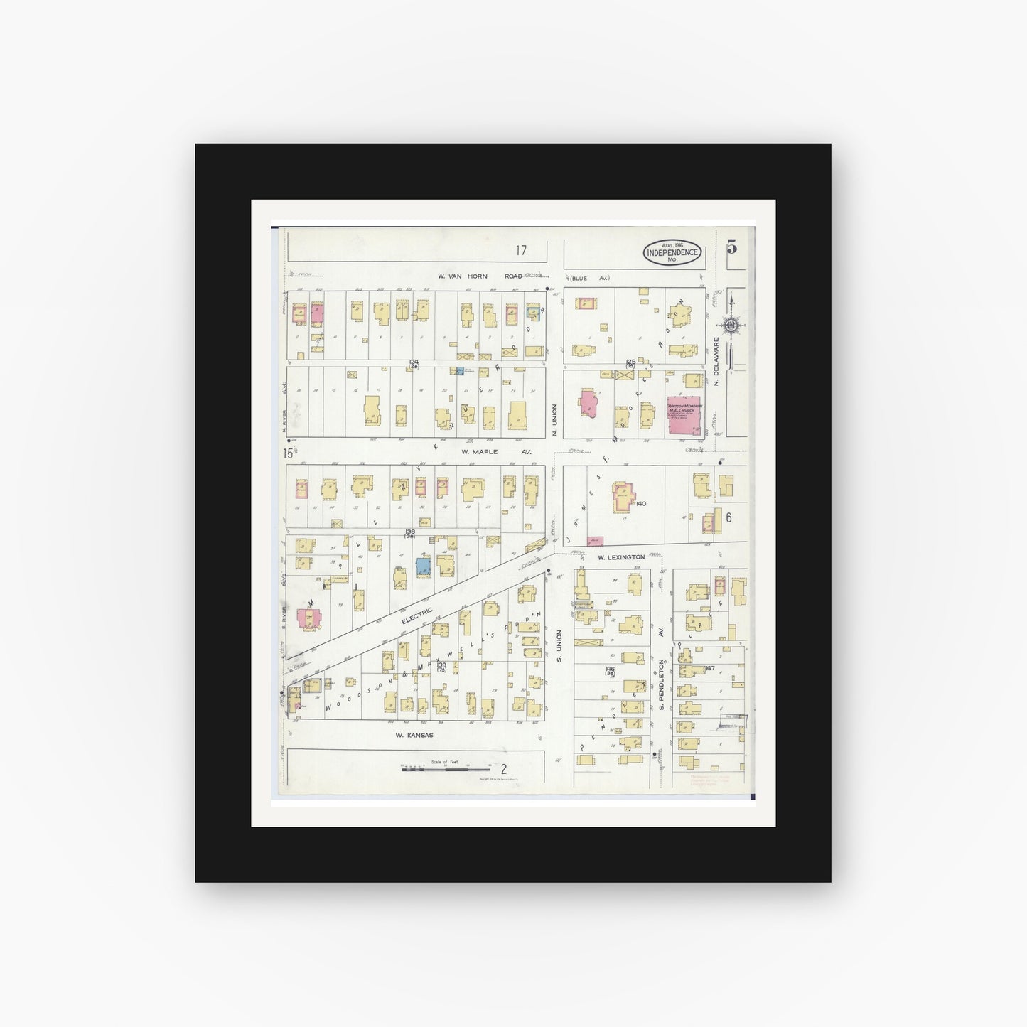 Old map wall art mockup — black gallery frame with white mat — Sanborn Fire Insurance Map from Independence, Jackson County, Missouri (1916), Sheet #0005