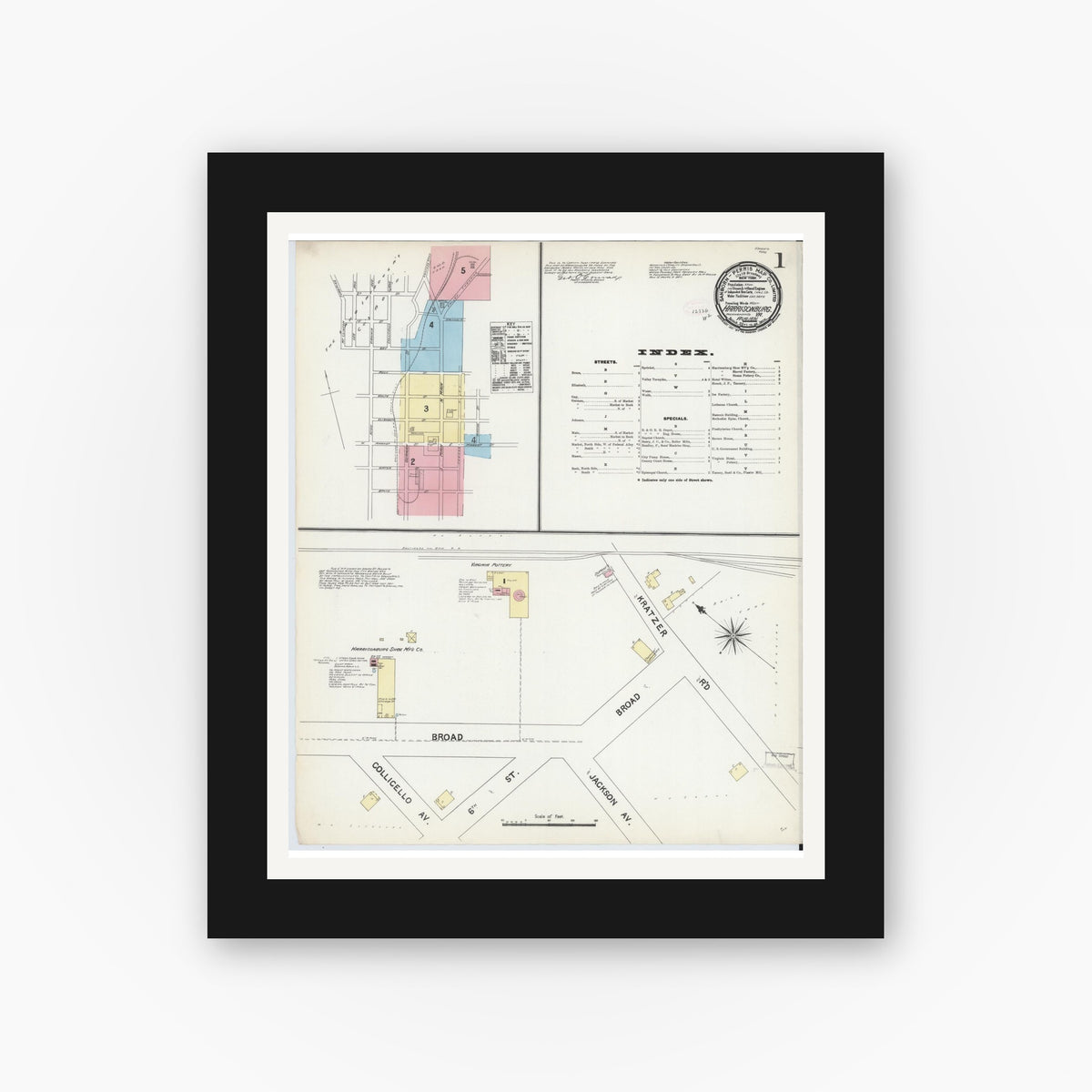 Old map wall art mockup — black gallery frame with white mat — Sanborn Fire Insurance Map from Harrisonburg, Independent Cities, Virginia (1891) - Complete Map Set