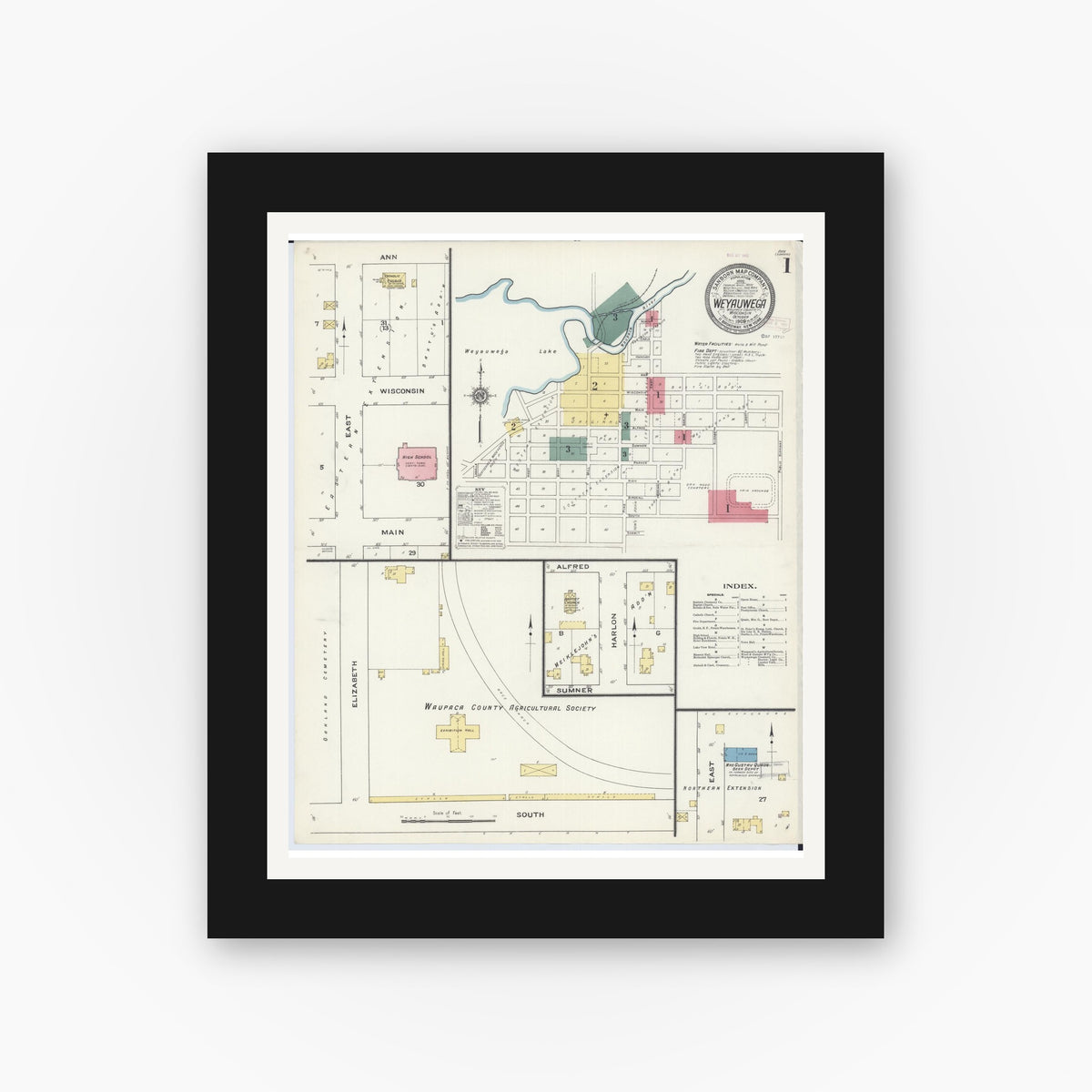 Old map wall art mockup — black gallery frame with white mat — Sanborn Fire Insurance Map from Weyauwega, Waupaca County, Wisconsin (1909), Sheet #0001