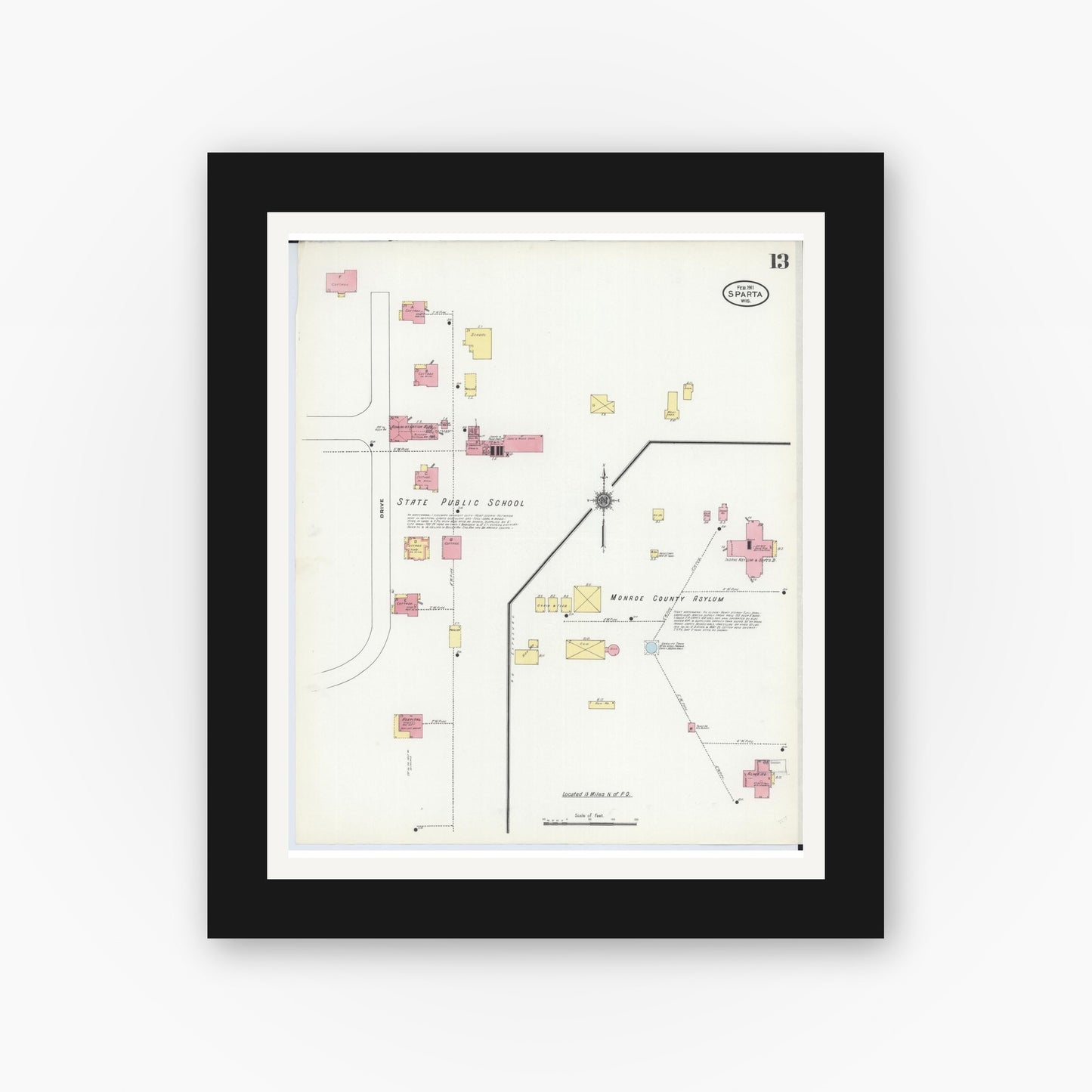 Old map wall art mockup — black gallery frame with white mat — Sanborn Fire Insurance Map from Sparta, Monroe County, Wisconsin (1911), Sheet #0013
