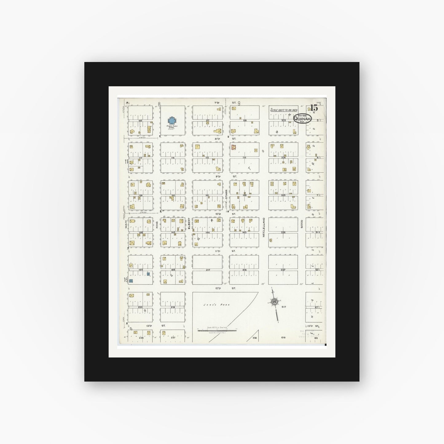 Old map wall art mockup — black gallery frame with white mat — Sanborn Fire Insurance Map from Quanah, Hardeman County, Texas (1921), Sheet #0015