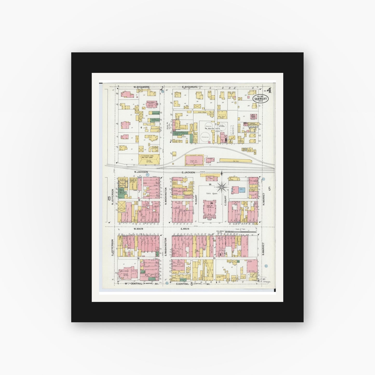 Old map wall art mockup — black gallery frame with white mat — Sanborn Fire Insurance Map from Van Wert, Van Wert County, Ohio (1901), Sheet #0004