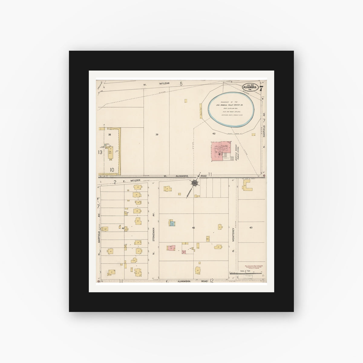 Old map wall art mockup — black gallery frame with white mat — Sanborn Fire Insurance Map from Alhambra, Los Angeles County, California (1912), Sheet #0007