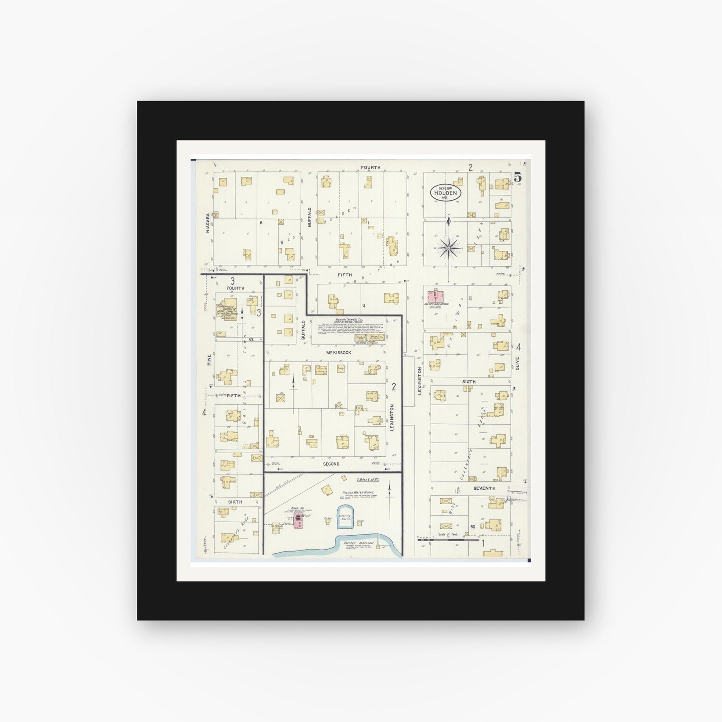 Old map wall art mockup — black gallery frame with white mat — Sanborn Fire Insurance Map from Holden, Johnson County, Missouri (1907), Sheet #0005