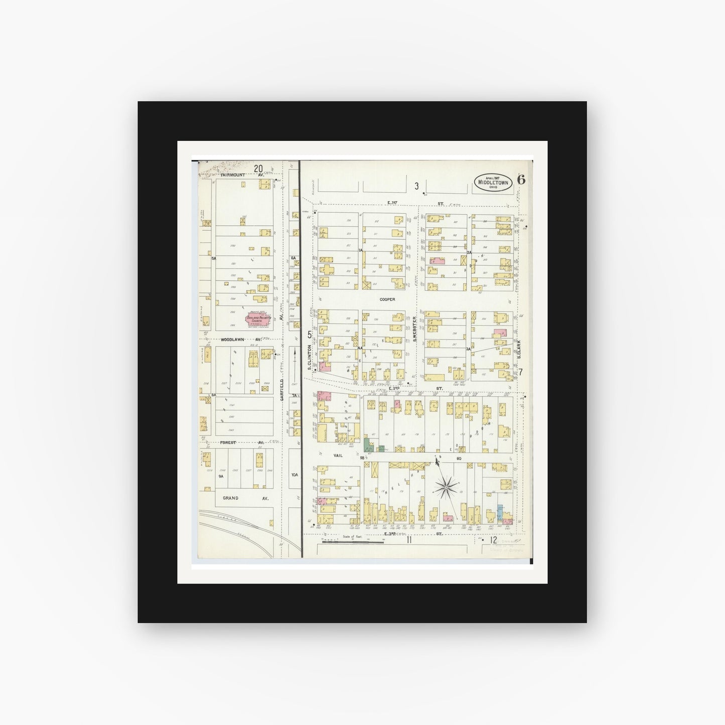Old map wall art mockup — black gallery frame with white mat — Sanborn Fire Insurance Map from Middletown, Butler County, Ohio (1907), Sheet #0006