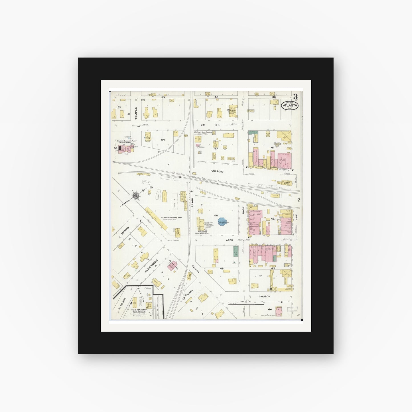 Old map wall art mockup — black gallery frame with white mat — Sanborn Fire Insurance Map from Atlanta, Logan County, Illinois (1910), Sheet #0003