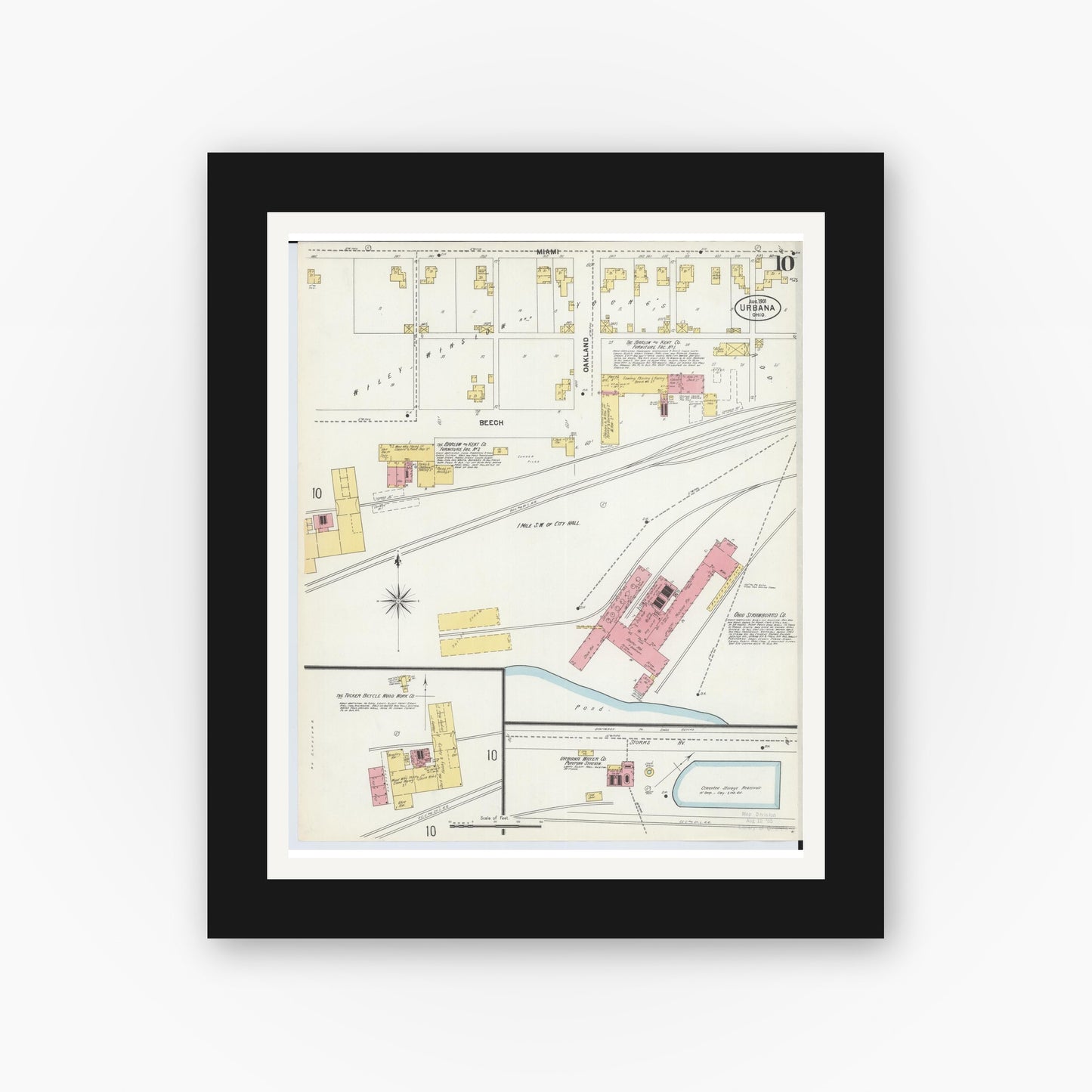 Old map wall art mockup — black gallery frame with white mat — Sanborn Fire Insurance Map from Urbana, Champaign County, Ohio (1901), Sheet #0010
