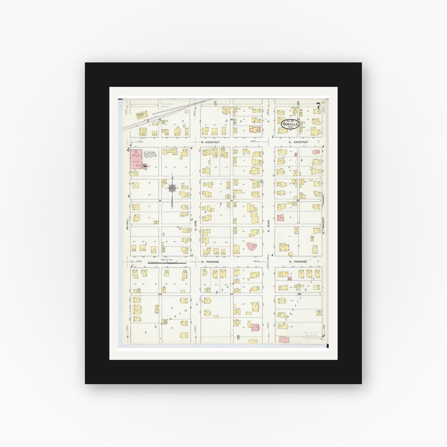 Old map wall art mockup — black gallery frame with white mat — Sanborn Fire Insurance Map from Orrville, Wayne County, Ohio (1911), Sheet #0007
