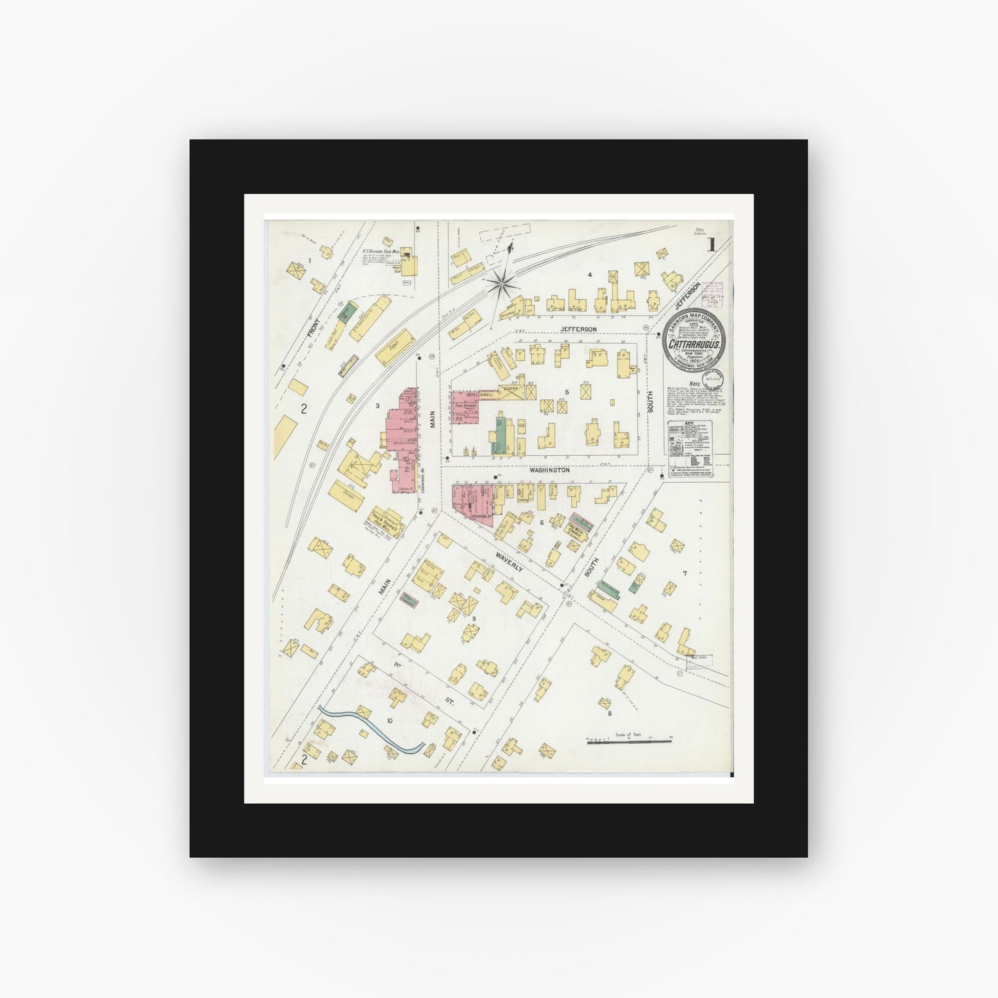 Old map wall art mockup — black gallery frame with white mat — Sanborn Fire Insurance Map from Cattaraugus, Cattaraugus County, New York (1902) - Complete Map Set
