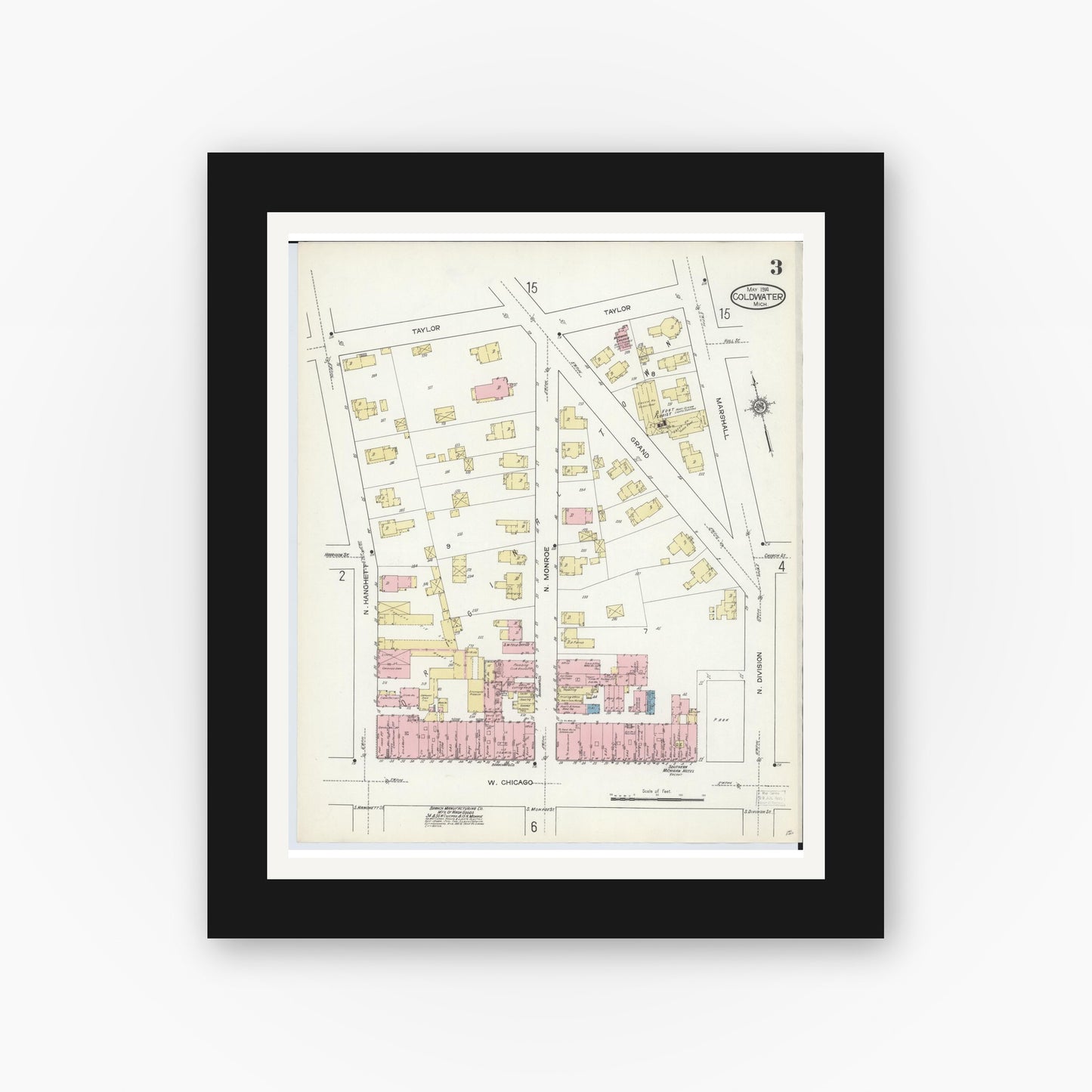 Old map wall art mockup — black gallery frame with white mat — Sanborn Fire Insurance Map from Coldwater, Branch County, Michigan (1914), Sheet #0003