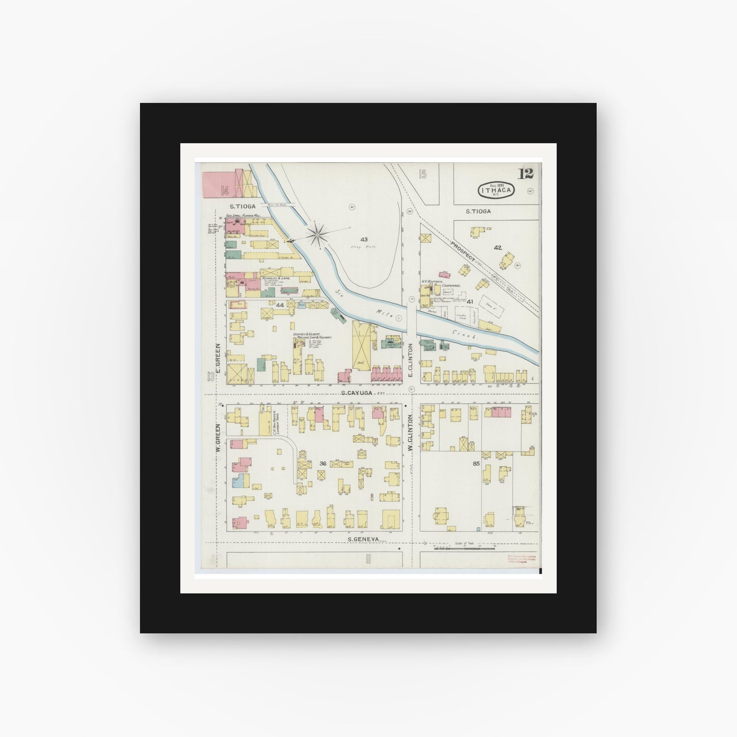 Old map wall art mockup — black gallery frame with white mat — Sanborn Fire Insurance Map from Ithaca, Tompkins County, New York (1893), Sheet #0012