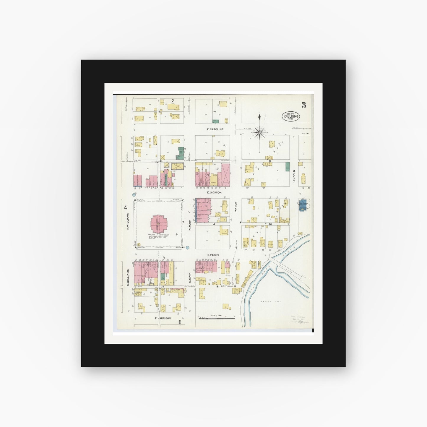 Old map wall art mockup — black gallery frame with white mat — Sanborn Fire Insurance Map from Paulding, Paulding County, Ohio (1907), Sheet #0005