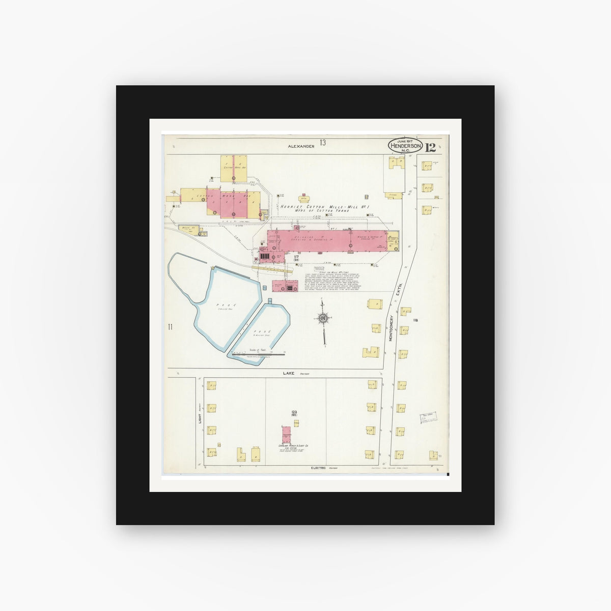 Old map wall art mockup — black gallery frame with white mat — Sanborn Fire Insurance Map from Henderson, Vance County, North Carolina (1917), Sheet #0012