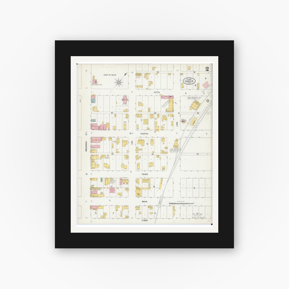 Old map wall art mockup — black gallery frame with white mat — Sanborn Fire Insurance Map from Carver, Carver County, Minnesota (1900), Sheet #0002