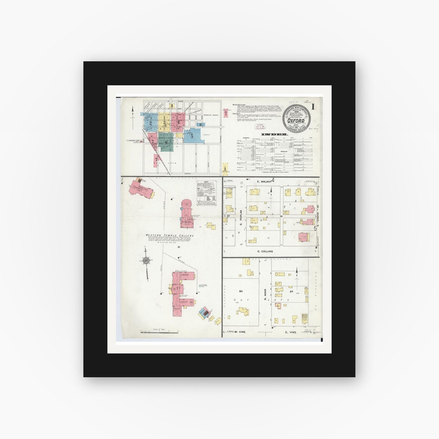 Old map wall art mockup — black gallery frame with white mat — Sanborn Fire Insurance Map from Oxford, Butler County, Ohio (1911), Sheet #0001