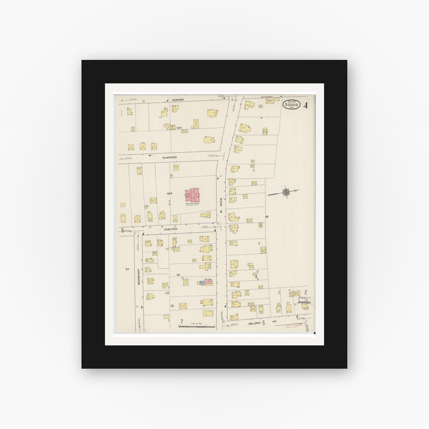 Old map wall art mockup — black gallery frame with white mat — Sanborn Fire Insurance Map from Sodus, Wayne County, New York (1915), Sheet #0004