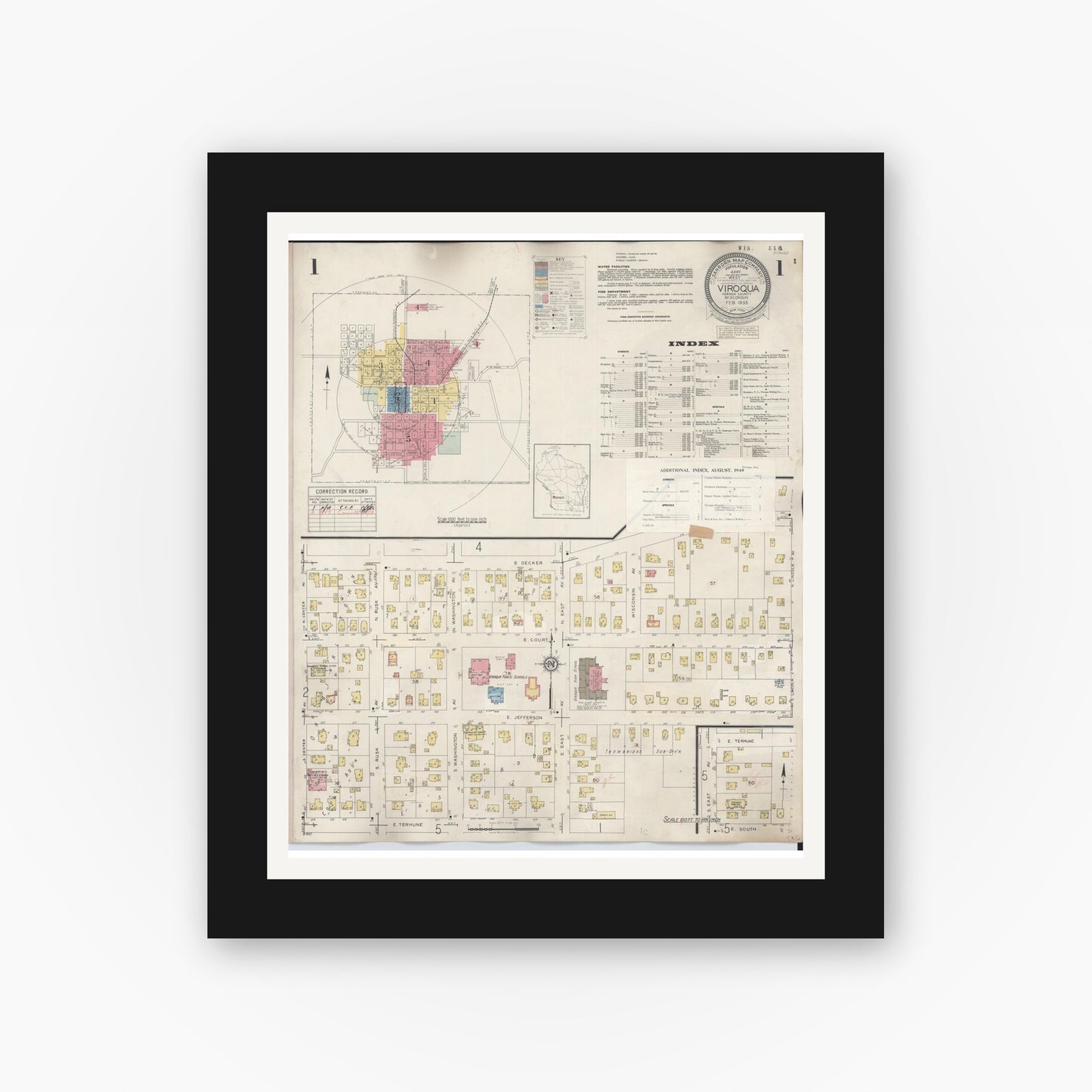 Old map wall art mockup — black gallery frame with white mat — Sanborn Fire Insurance Map from Viroqua, Vernon County, Wisconsin (1949) - Complete Map Set