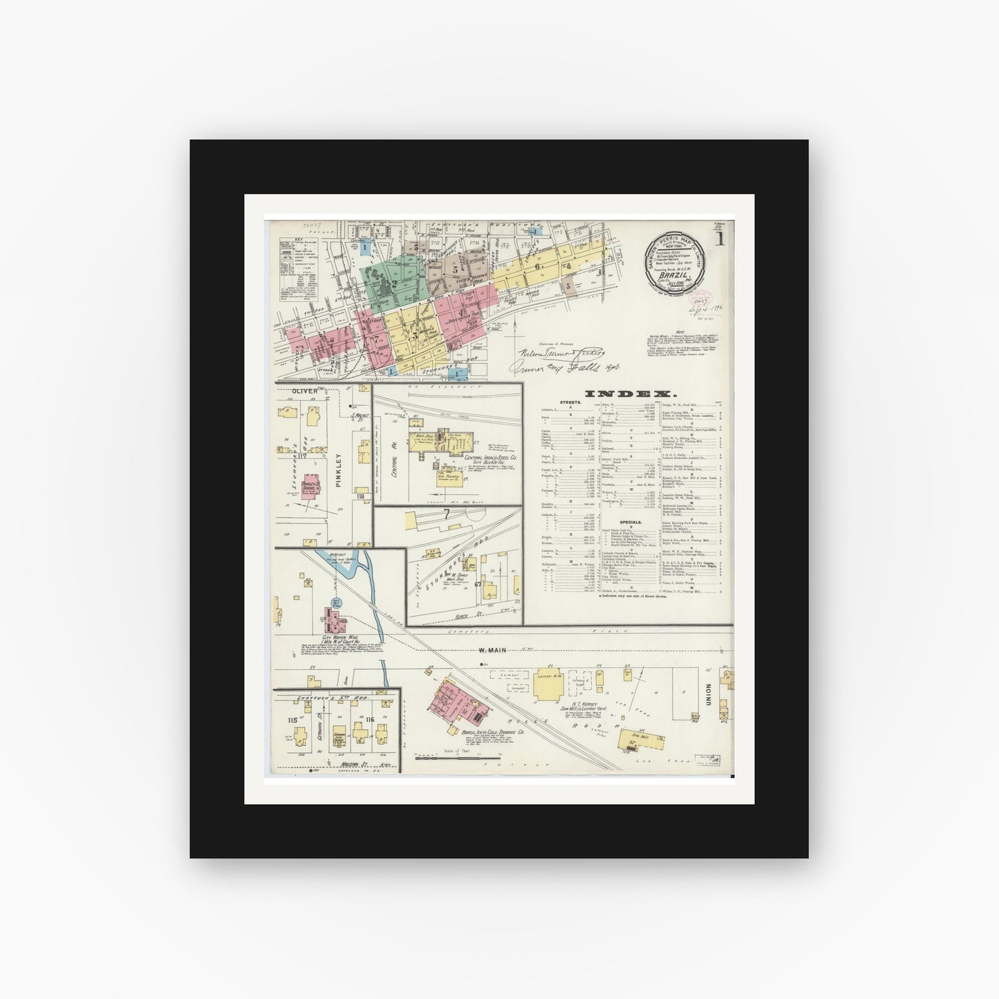 Old map wall art mockup — black gallery frame with white mat — Sanborn Fire Insurance Map from Brazil, Clay County, Indiana (1896) - Complete Map Set