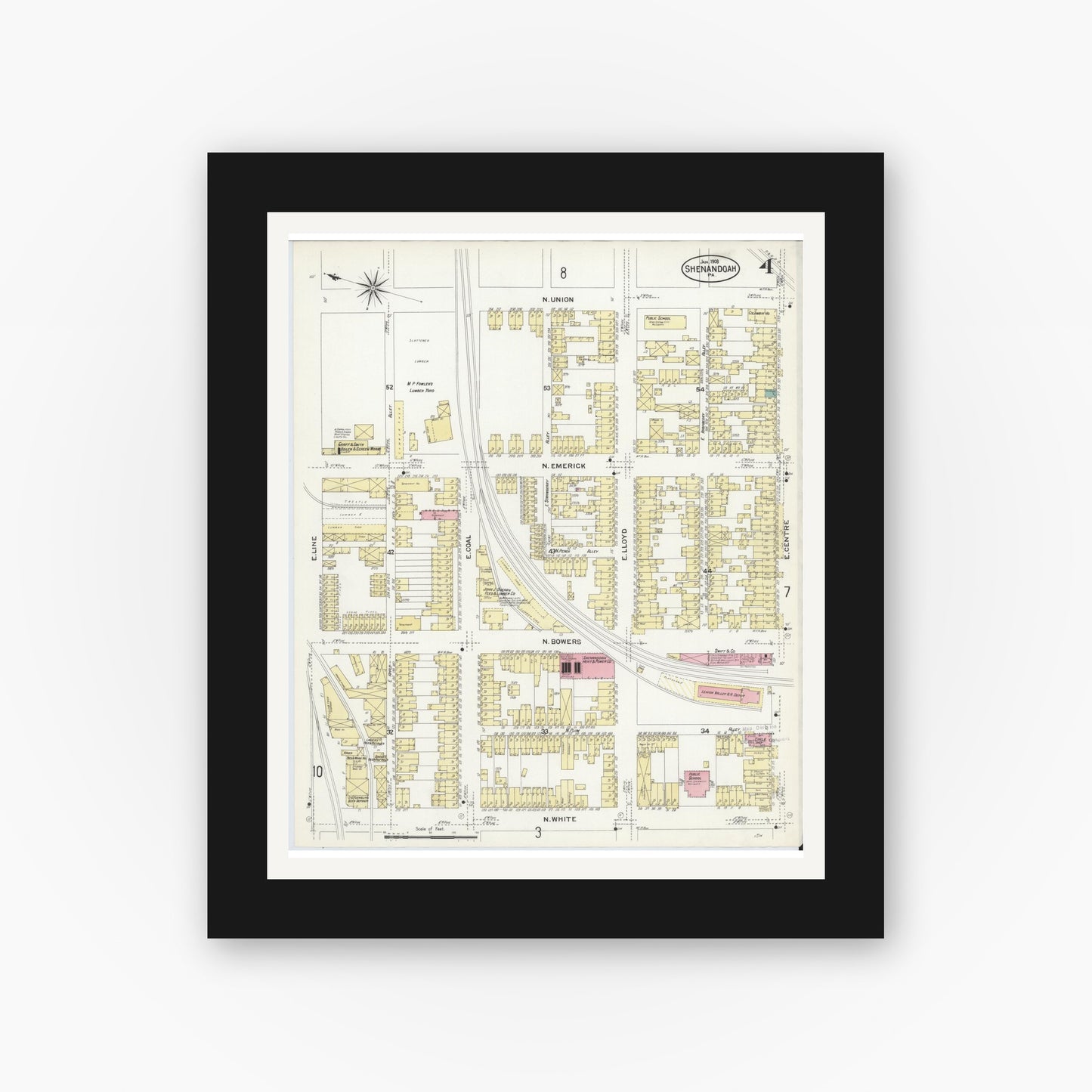 Old map wall art mockup — black gallery frame with white mat — Sanborn Fire Insurance Map from Shenandoah, Schuylkill County, Pennsylvania (1908), Sheet #0004