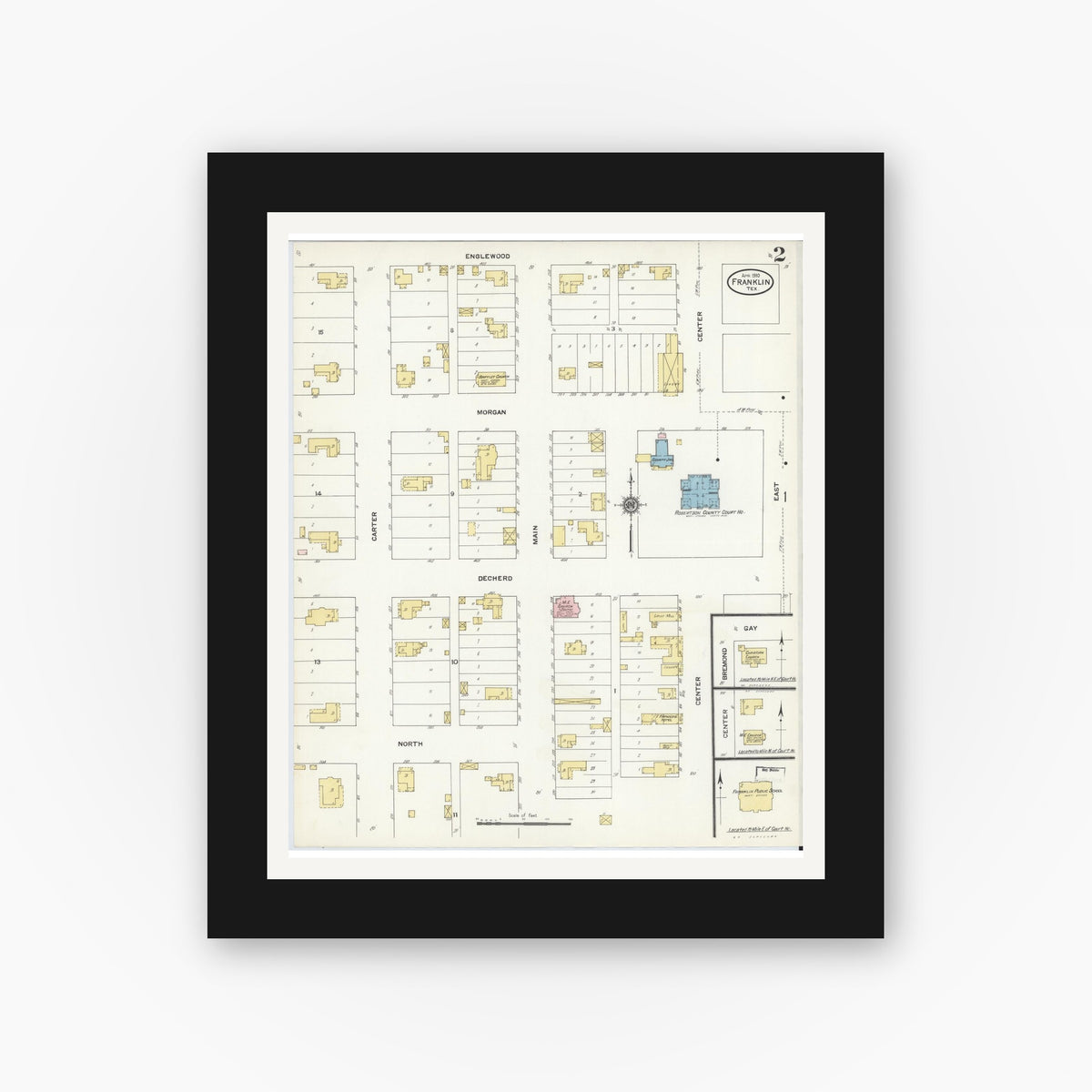 Old map wall art mockup — black gallery frame with white mat — Sanborn Fire Insurance Map from Franklin, Robertson County, Texas (1910), Sheet #0002