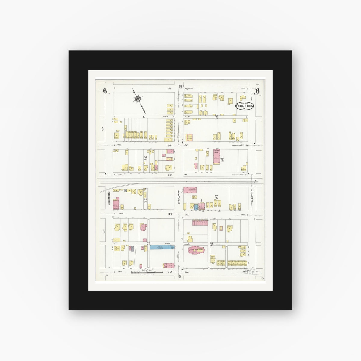 Old map wall art mockup β black gallery frame with white mat β Sanborn Fire Insurance Map from Coraopolis, Allegheny County, Pennsylvania (1924), Sheet #0006