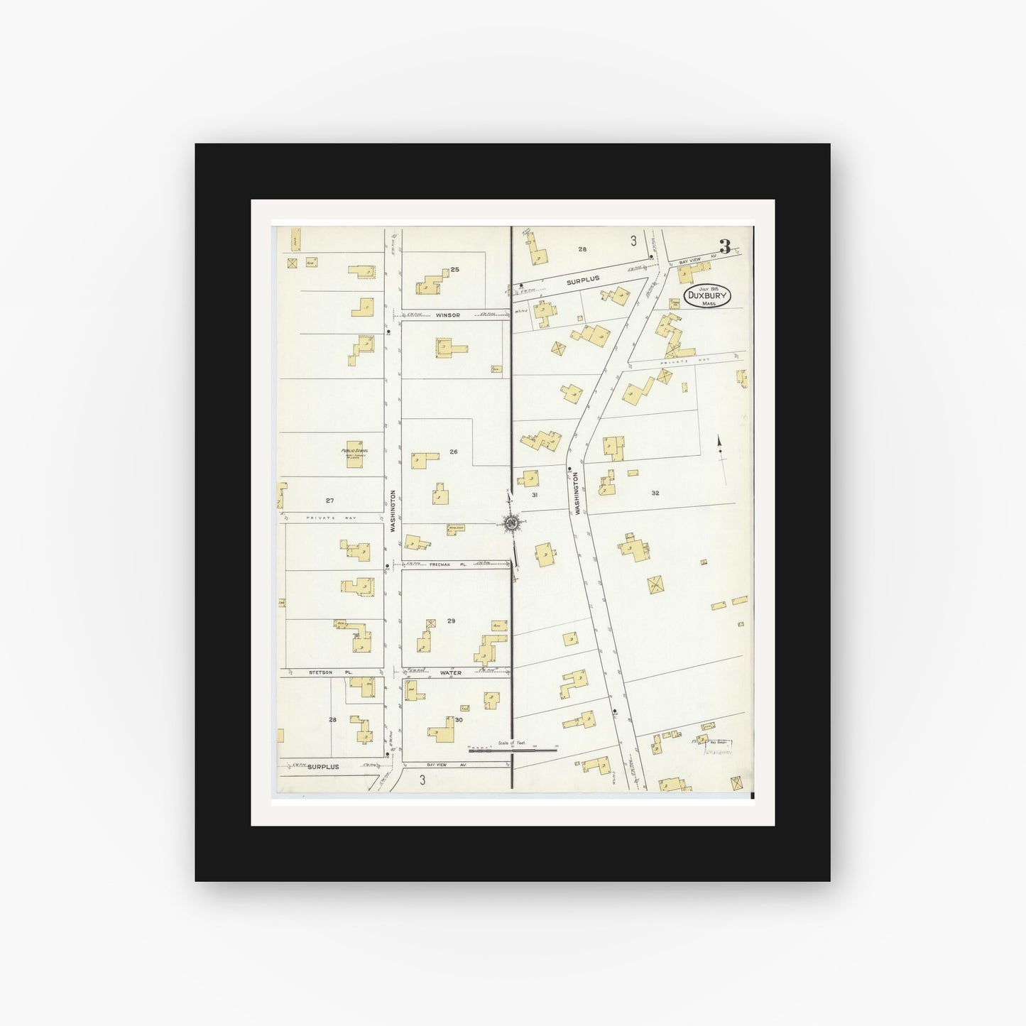 Old map wall art mockup — black gallery frame with white mat — Sanborn Fire Insurance Map from Duxbury, Plymouth County, Massachusetts (1915), Sheet #0003