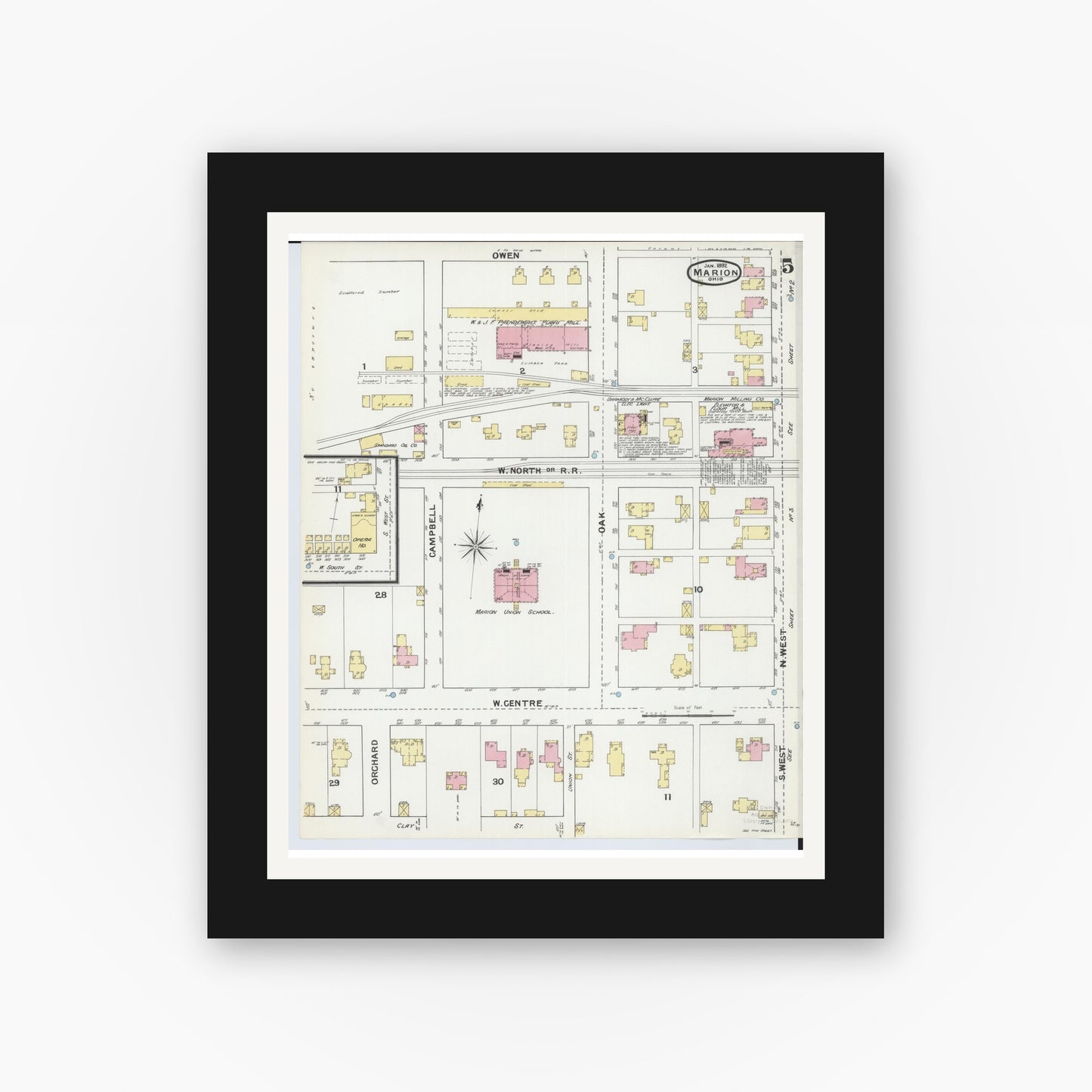 Old map wall art mockup — black gallery frame with white mat — Sanborn Fire Insurance Map from Marion, Marion County, Ohio (1892), Sheet #0005
