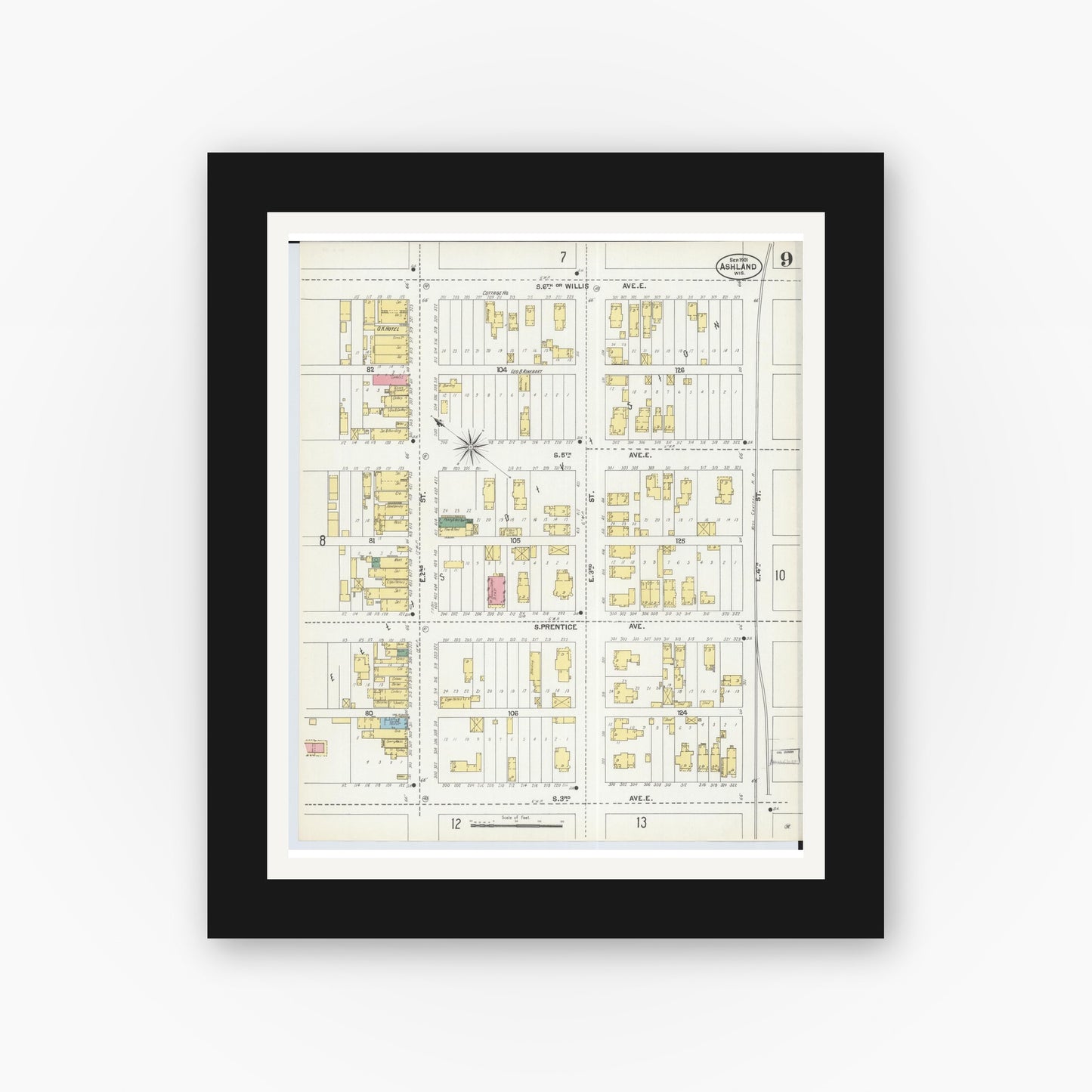 Old map wall art mockup — black gallery frame with white mat — Sanborn Fire Insurance Map from Ashland, Ashland County, Wisconsin (1901), Sheet #0009