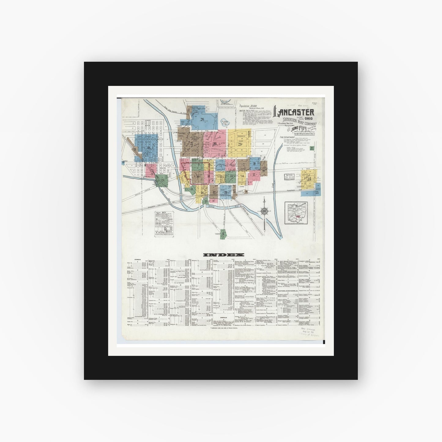 Old map wall art mockup — black gallery frame with white mat — Sanborn Fire Insurance Map from Lancaster, Fairfield County, Ohio (1919), Sheet #0001