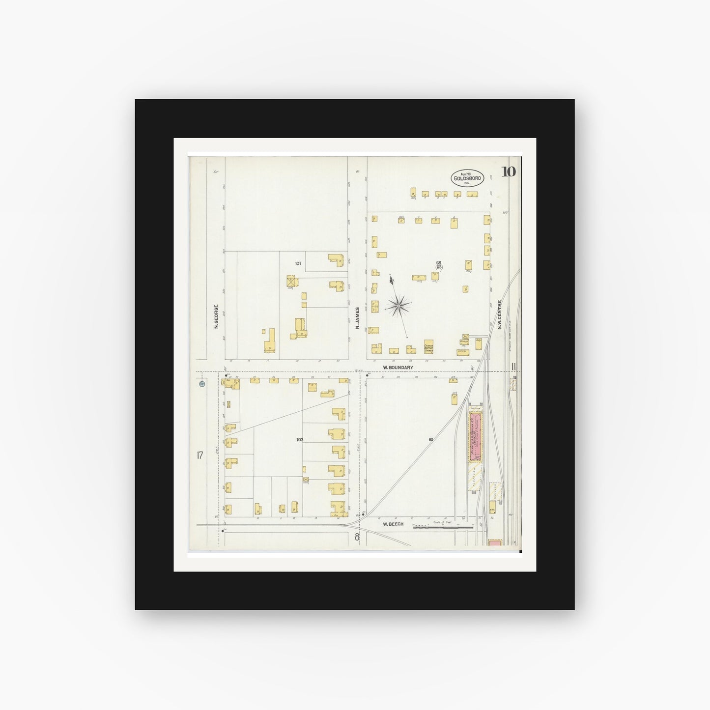 Old map wall art mockup — black gallery frame with white mat — Sanborn Fire Insurance Map from Goldsboro, Wayne County, North Carolina (1901), Sheet #0010