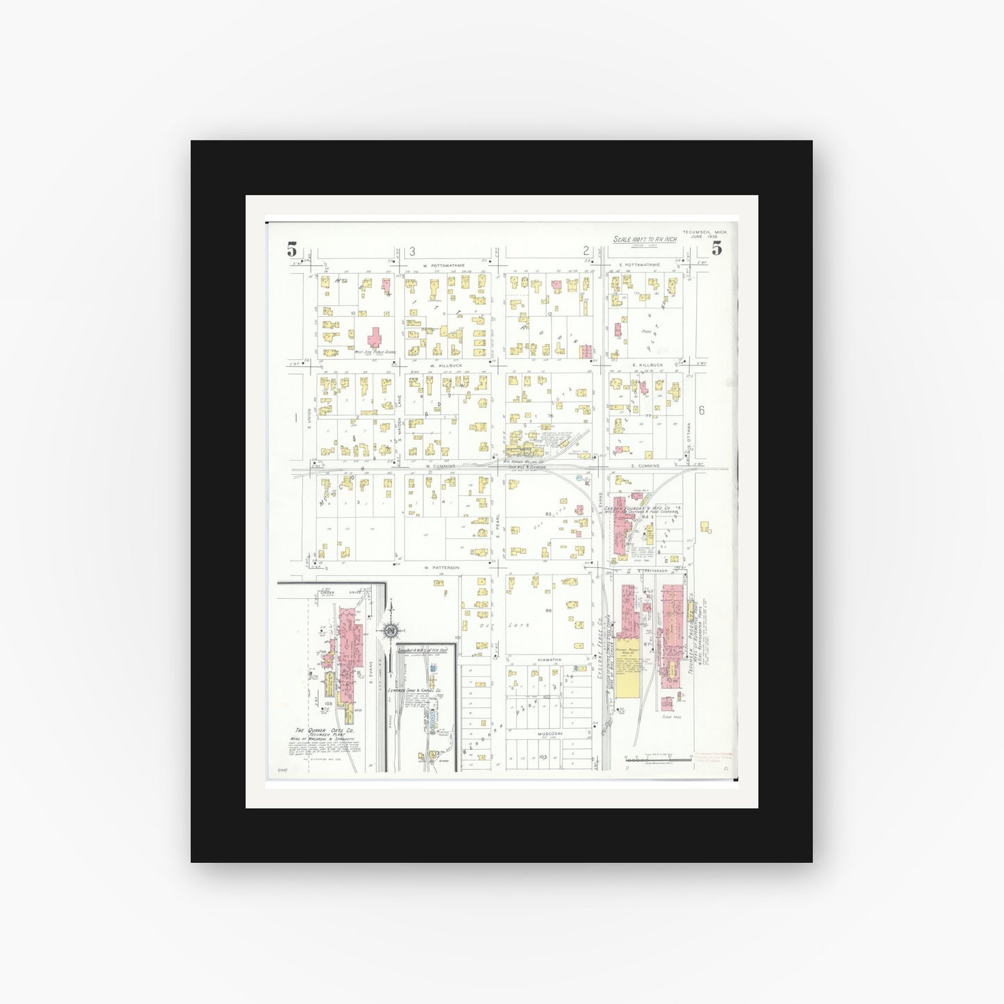 Old map wall art mockup — black gallery frame with white mat — Sanborn Fire Insurance Map from Tecumseh, Lenawee County, Michigan (1935), Sheet #0005