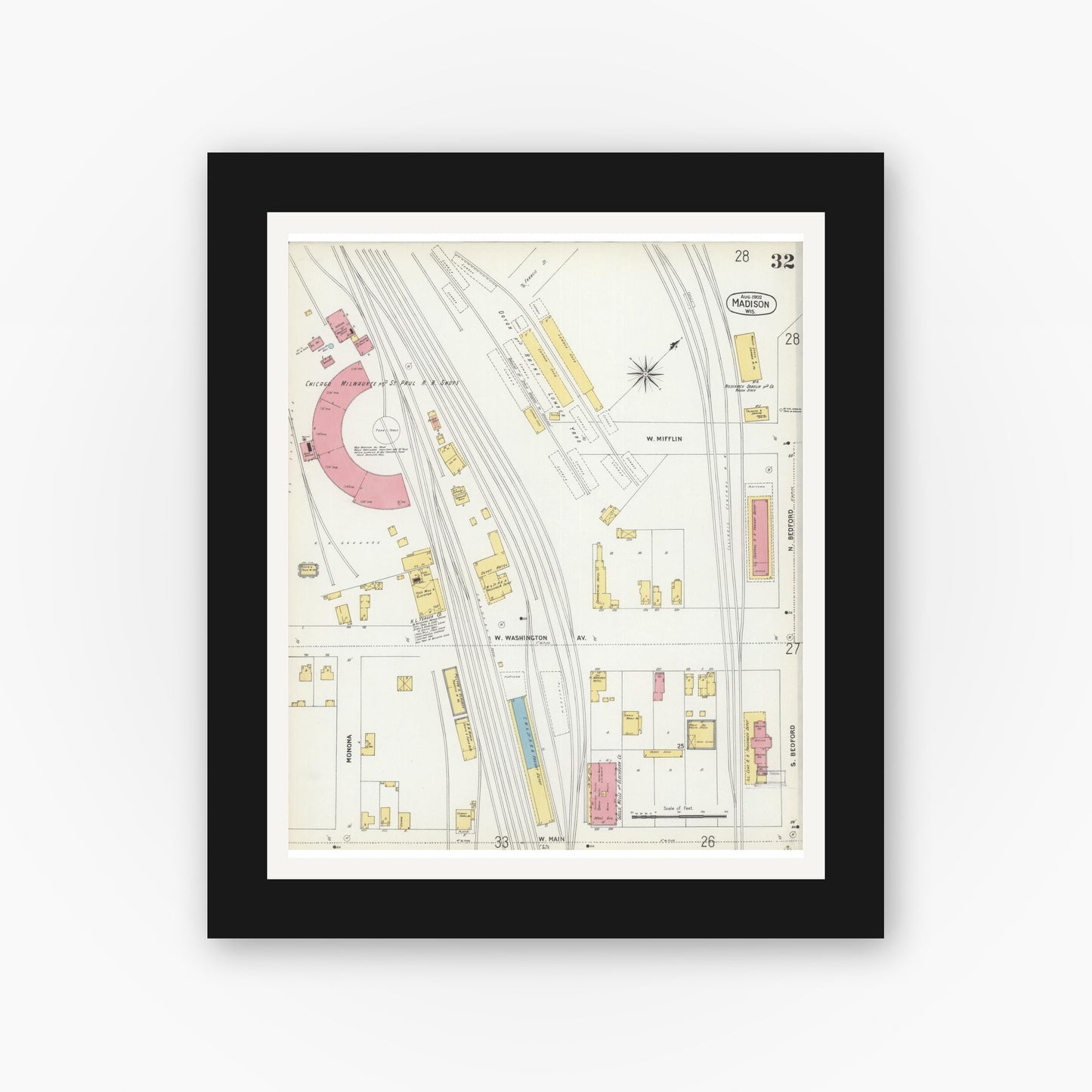 Old map wall art mockup — black gallery frame with white mat — Sanborn Fire Insurance Map from Madison, Dane County, Wisconsin (1902), Sheet #0032