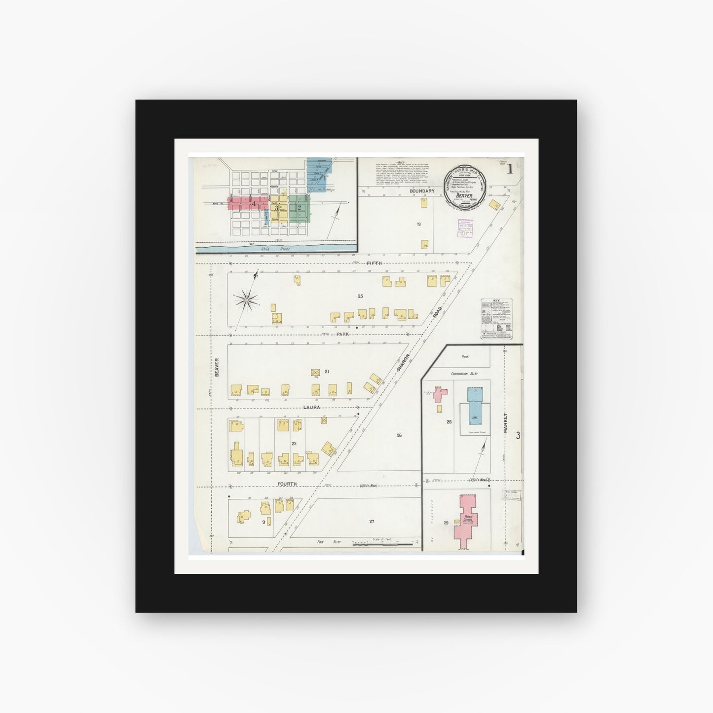 Old map wall art mockup — black gallery frame with white mat — Sanborn Fire Insurance Map from Beaver, Beaver County, Pennsylvania (1901), Sheet #0001