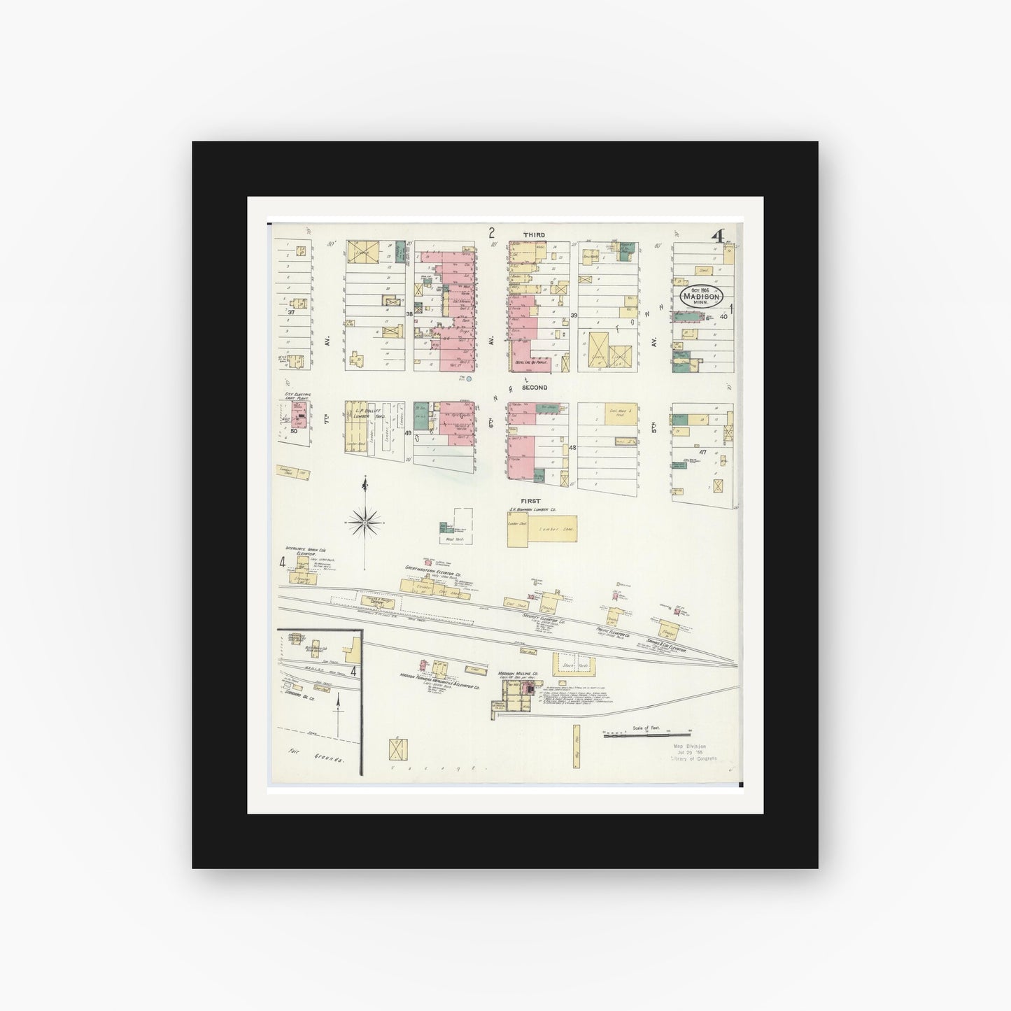 Old map wall art mockup — black gallery frame with white mat — Sanborn Fire Insurance Map from Madison, Lac Qui Parle County, Minnesota (1906), Sheet #0004