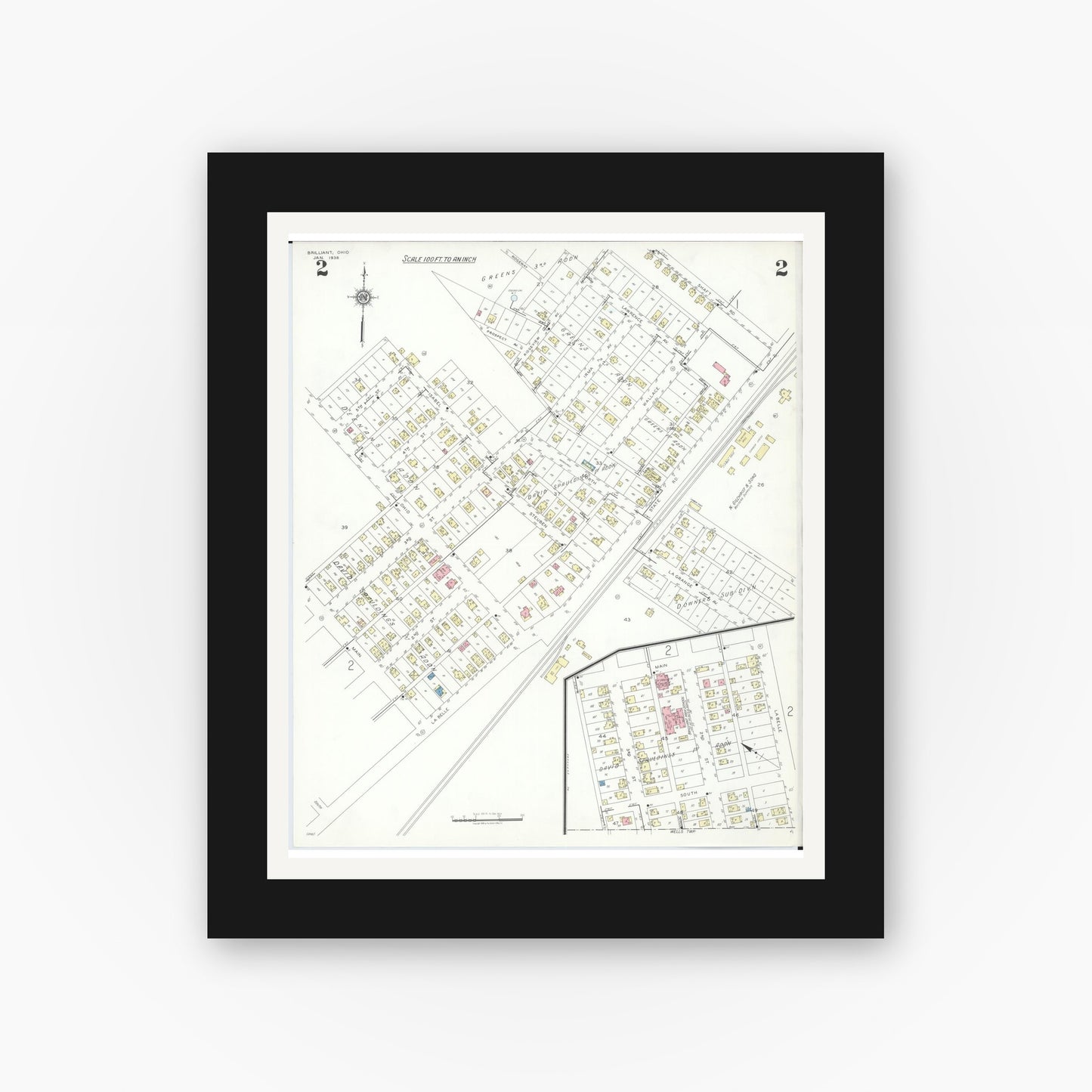 Old map wall art mockup — black gallery frame with white mat — Sanborn Fire Insurance Map from Brilliant, Jefferson County, Ohio (1938), Sheet #0002