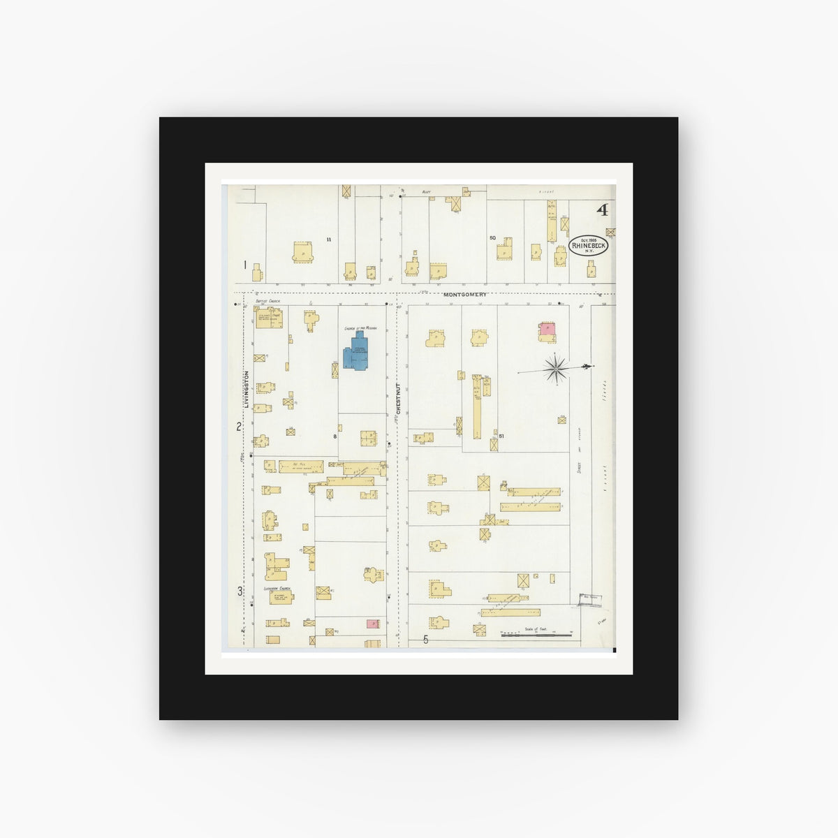 Old map wall art mockup — black gallery frame with white mat — Sanborn Fire Insurance Map from Rhinebeck, Dutchess County, New York (1905), Sheet #0004