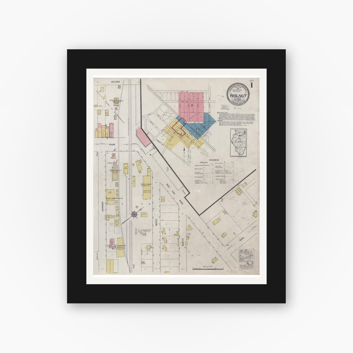 Old map wall art mockup — black gallery frame with white mat — Sanborn Fire Insurance Map from Walnut, Bureau County, Illinois (1921), Sheet #0001
