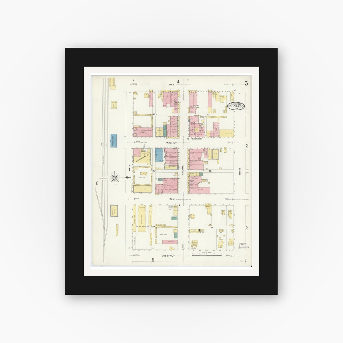 Old map wall art mockup — black gallery frame with white mat — Sanborn Fire Insurance Map from Colorado, Mitchell County, Texas (1908), Sheet #0005